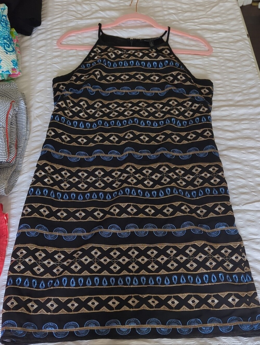 White House Black Market Black Embroidered Mini Dress with Blue and Tan Accents